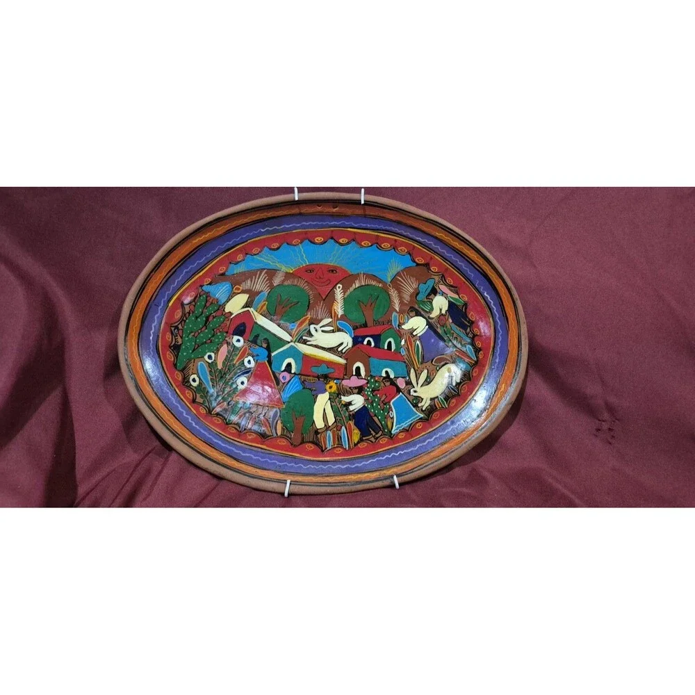 Vintage Mexican Terracotta Story Plate Fiesta Village Scene 13x9.5 Hand Paint